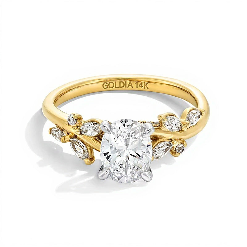 1.33 CT. Gesamtgewicht ovaler Labordiamant Solitär mit seitlichem Besatz Verlobungsring in 14K Gelbgold (F/VS2)