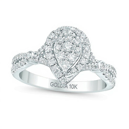 Multi-Diamant-Ring 0,5 ct. Gesamtgewicht mit tropfenförmigem Halo und geteilter Schiene in 10K Weißgold