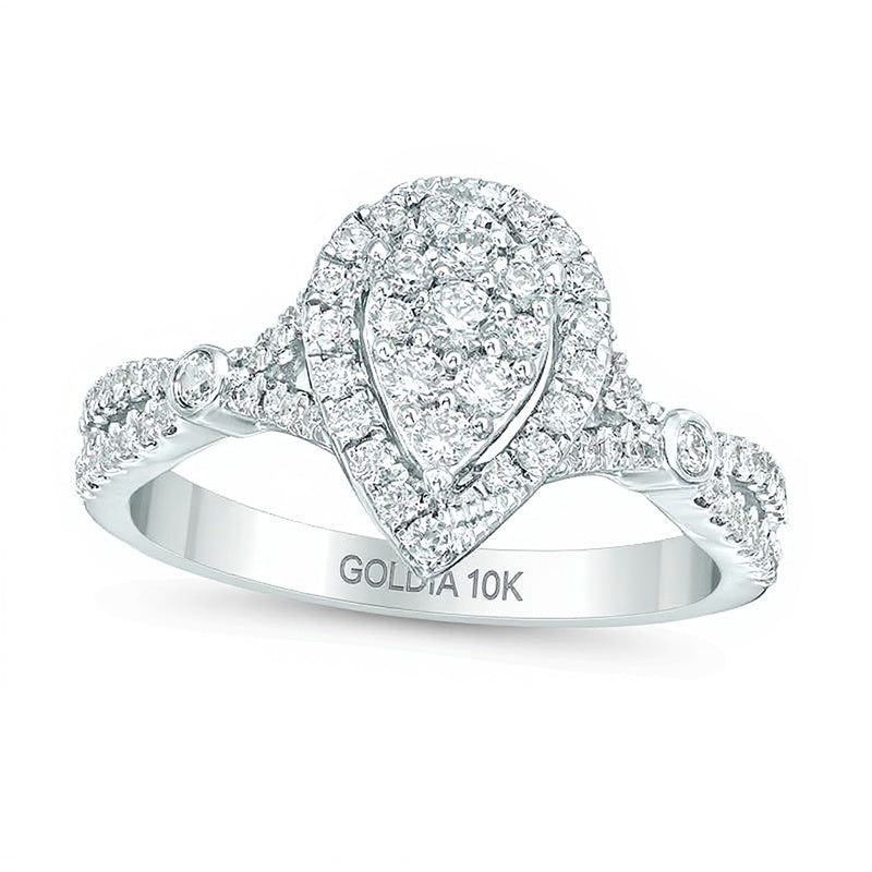 Multi-Diamant-Ring 0,5 ct. Gesamtgewicht mit tropfenförmigem Halo und geteilter Schiene in 10K Weißgold