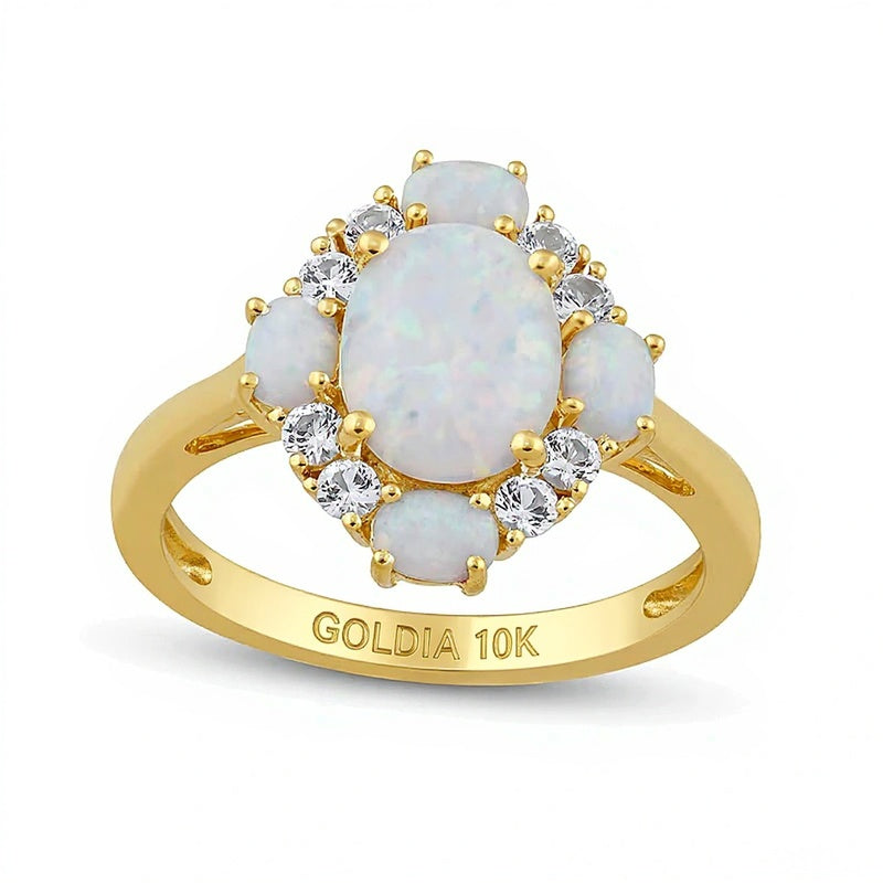 Fashion-Ring mit ovalem Labor-Opal und weißen Labor-Saphiren in 10K Gelbgold