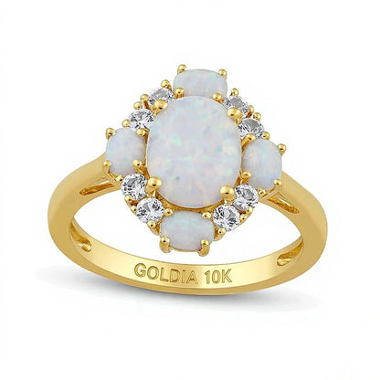 Fashion-Ring mit ovalem Labor-Opal und weißen Labor-Saphiren in 10K Gelbgold