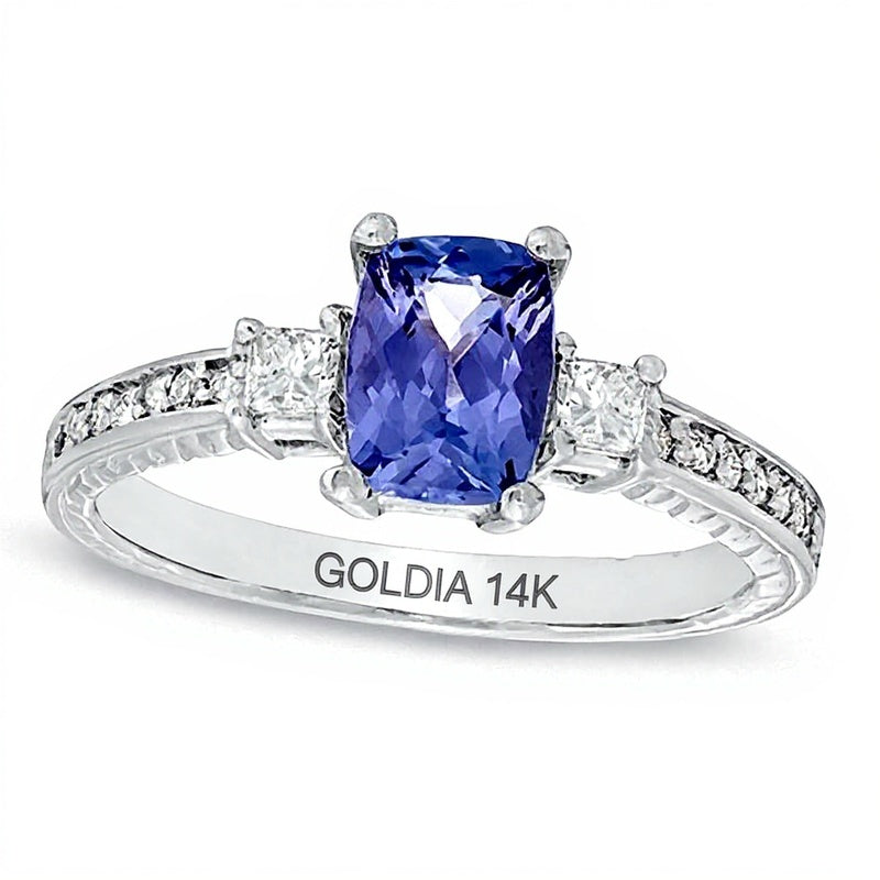 Dreistein-Ring mit Tansanit im Kissenschliff und Diamanten 0,25 ct. Gesamtgewicht in 14K Weißgold