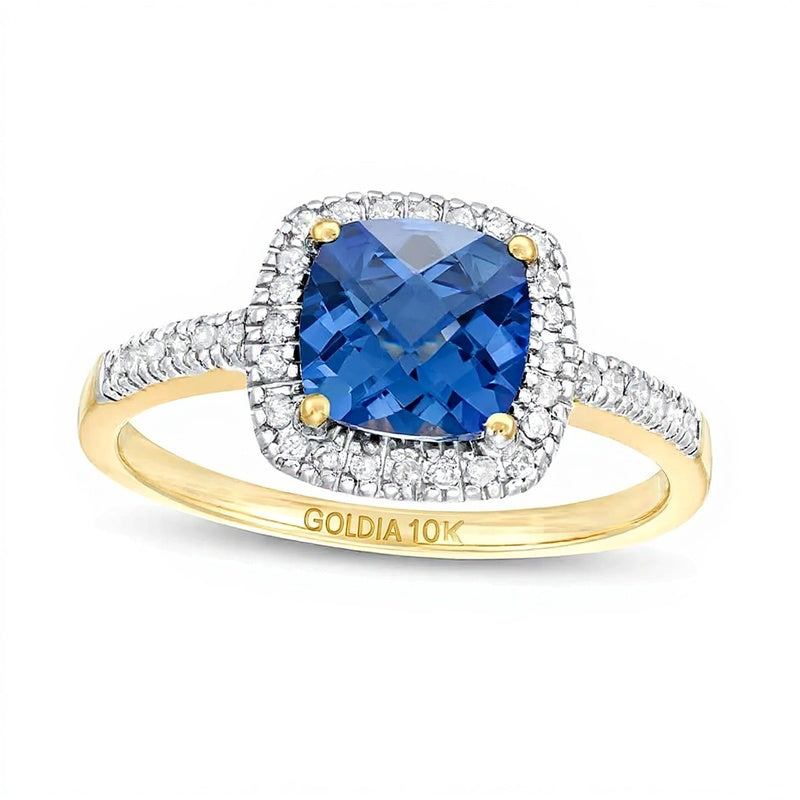 Fashion-Ring für Damen mit blauem Saphir im Kissenschliff (7,0 mm) und Diamanten im Halo aus 10K Gelbgold, 0,2 ct. Gesamtgewicht