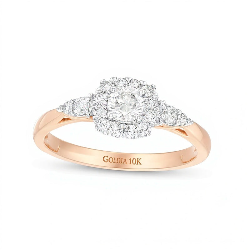 Verlobungsring mit Halo, 0.5 ct. Gesamtgewicht Diamant im Kissenschliff-Rahmen mit Blattseiten in 10K Roségold (J/I3)