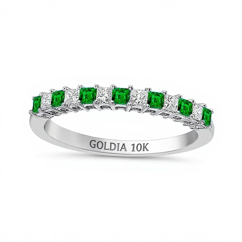 Memoire-Ring mit Smaragd im Princess-Schliff und 0,2 ct. Gesamtgewicht Diamanten im Princess-Schliff im Wechsel in 10K Weißgold