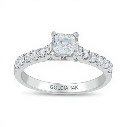 0,75 ct. Gesamtgewicht Diamant-Verlobungsring im Princess- und Rundschliff Solitär mit seitlichem Besatz in 14K Weißgold