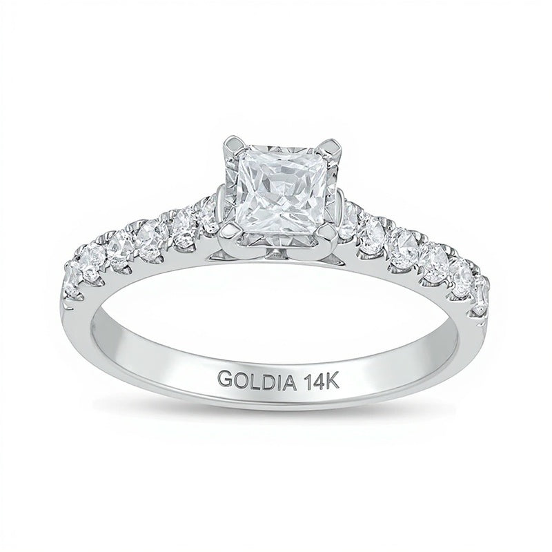 0,75 ct. Gesamtgewicht Diamant-Verlobungsring im Princess- und Rundschliff Solitär mit seitlichem Besatz in 14K Weißgold