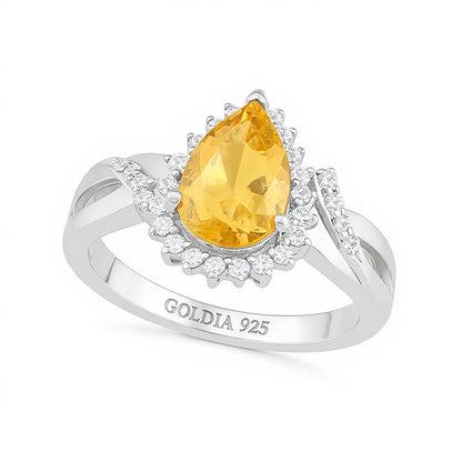 Halo-Ring mit tropfenförmigem Citrin und weißem Labor-Saphir in rhodiniertem Sterlingsilber für Damen