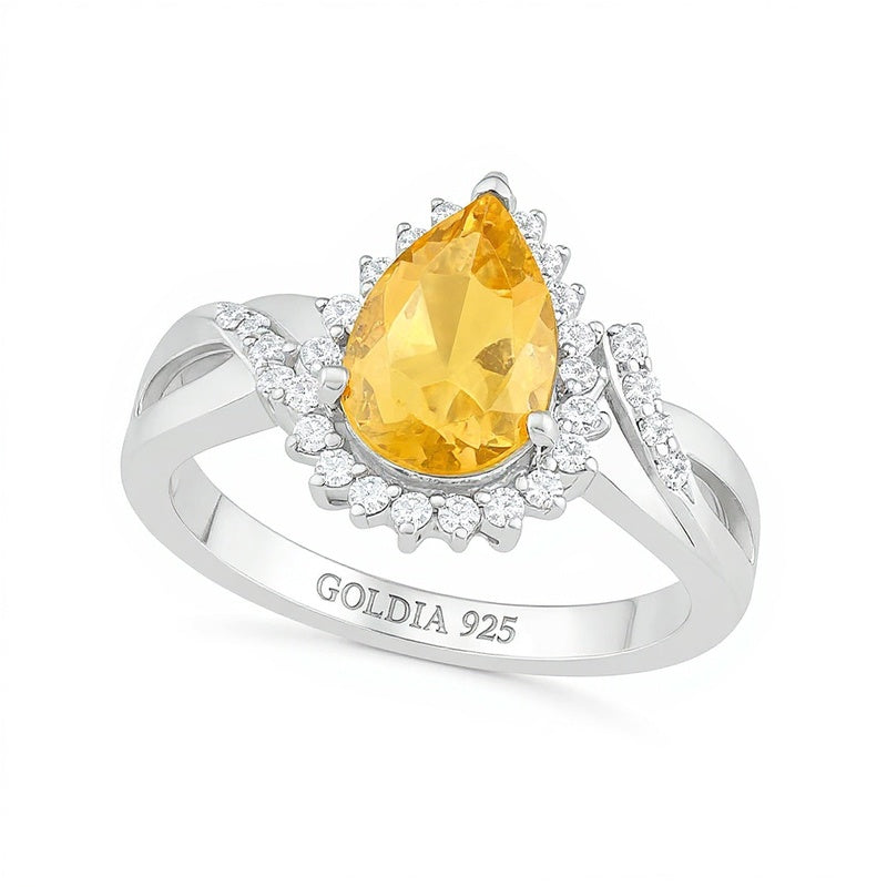 Halo-Ring mit tropfenförmigem Citrin und weißem Labor-Saphir in rhodiniertem Sterlingsilber für Damen