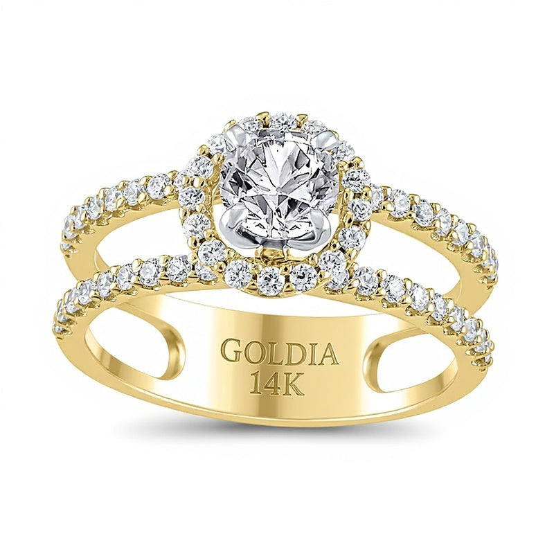 1.2 CT. Gesamtgewicht Diamant Halo-Verlobungsring mit doppelreihiger offener Schiene in 14K Gelbgold (I/I2)