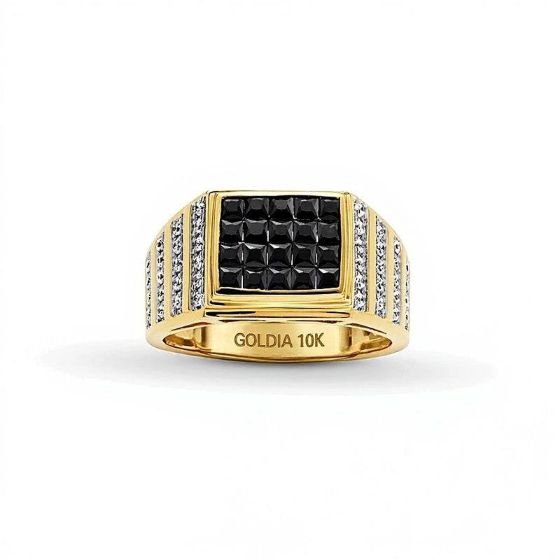 1,5 ct. Gesamtgewicht Fashion-Ring mit schwarzen und weißen Diamanten im Princess-Schliff, mehrreihig, in 10K Gelbgold