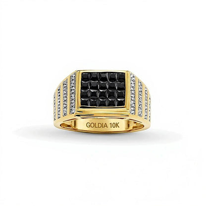 1,5 ct. Gesamtgewicht Fashion-Ring mit schwarzen und weißen Diamanten im Princess-Schliff, mehrreihig, in 10K Gelbgold