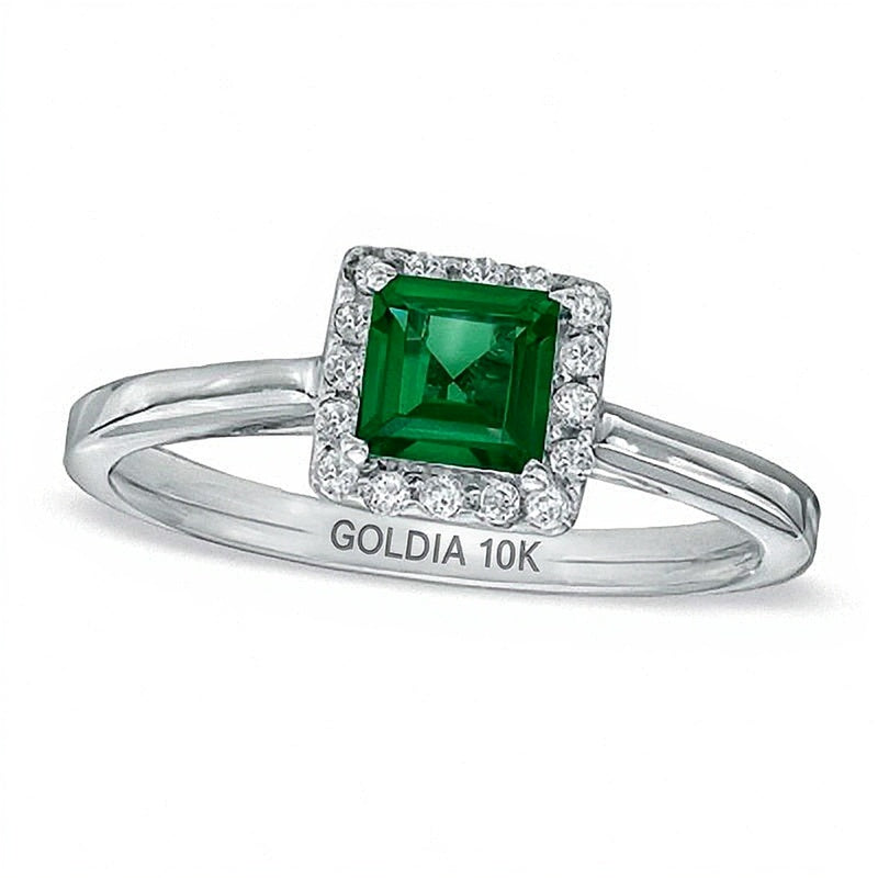 Verlobungsring mit Labor-Smaragd im Princess-Schliff und 0,14 ct. Gesamtgewicht Diamanten in 10K Weißgold