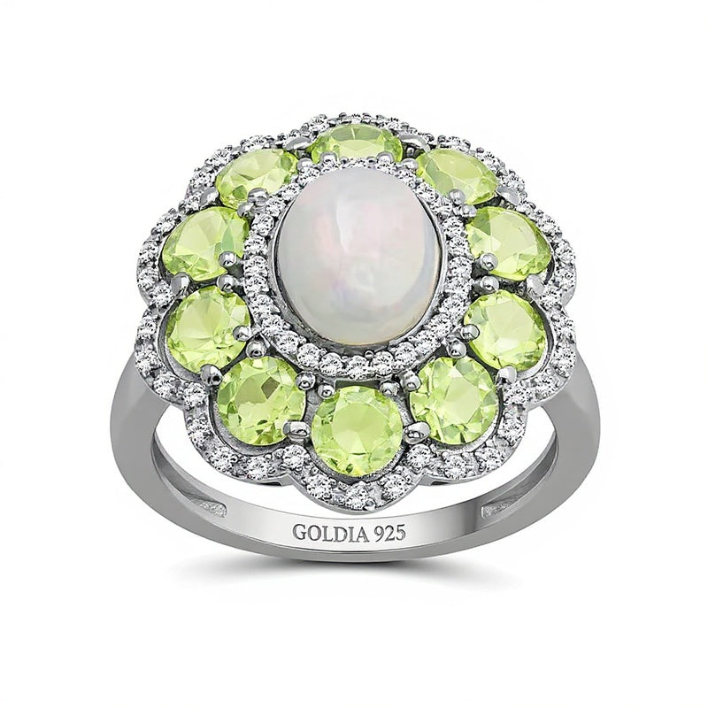 Fashion-Ring mit ovalem Opal und Peridot sowie weißem Labor-Saphir in rhodiniertem Sterlingsilber