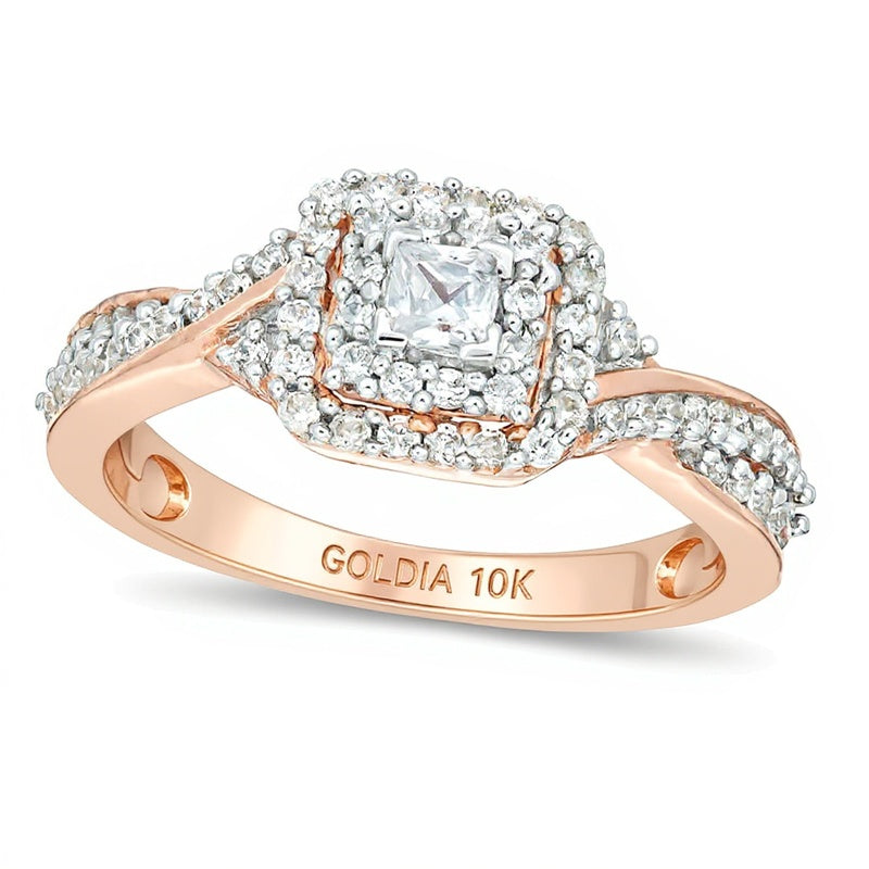 0.33 ct. Gesamtgewicht Halo-Verlobungsring mit Diamanten im Princess- und Rundschliff in 10K Roségold