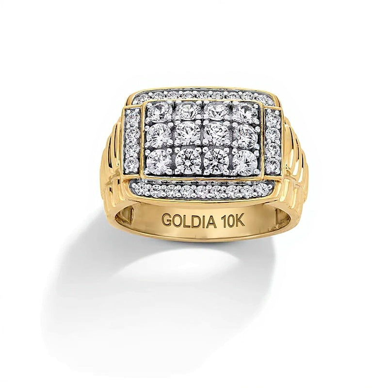 1.5 ct. Gesamtgewicht Fashion-Ring mit Diamanten im Baguette- und Rundschliff und geripptem Ringkopf in 10K Bicolor-Gold