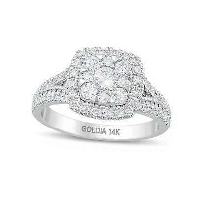 Verlobungsring für Damen im Vintage-Stil mit Diamanten, doppelter Kissenschliff-Rahmen, 1.0 ct. Gesamtgewicht, 14K Weißgold