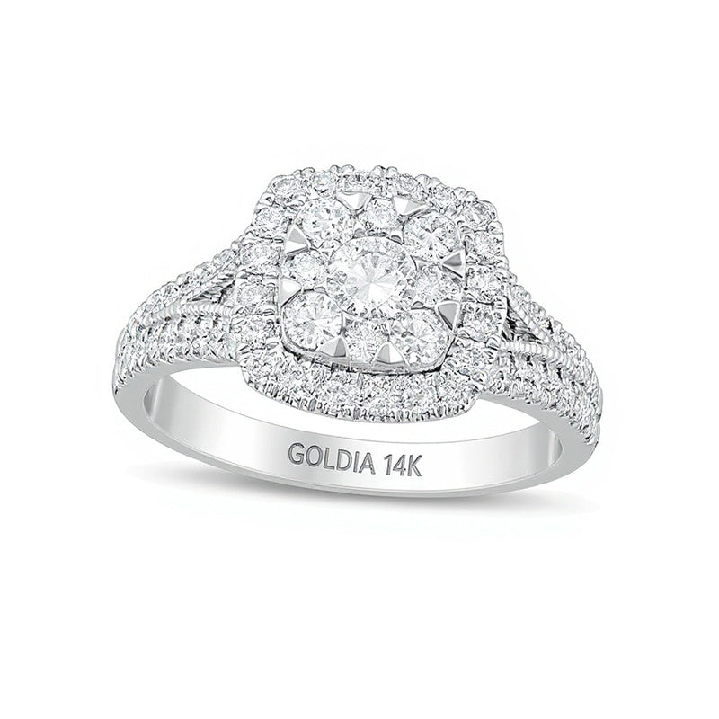 Verlobungsring für Damen im Vintage-Stil mit Diamanten, doppelter Kissenschliff-Rahmen, 1.0 ct. Gesamtgewicht, 14K Weißgold