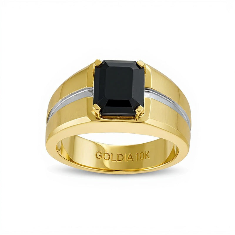 Fashion-Ring mit Onyx im Smaragdschliff und Diamant-Besatz in 10K Gelbgold