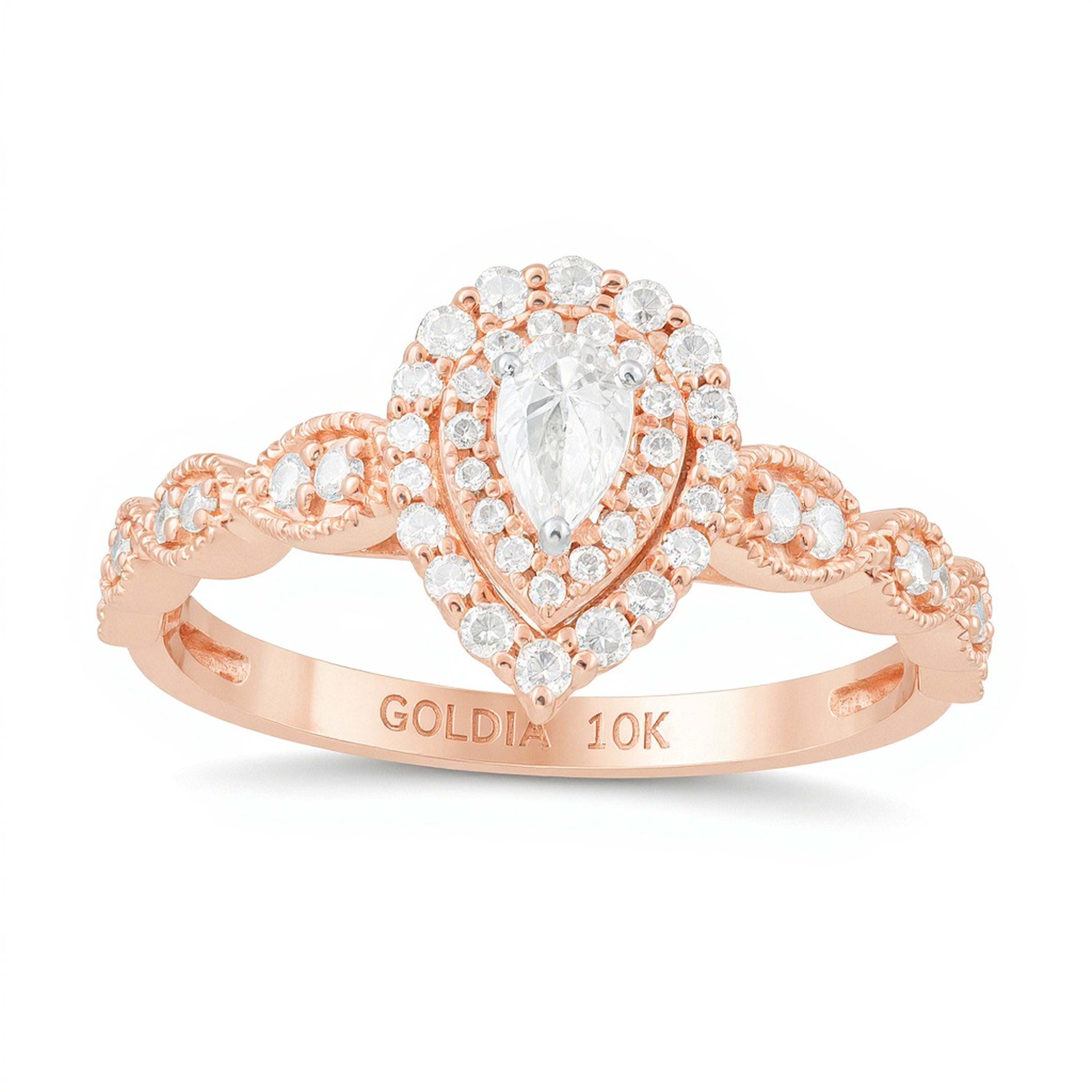 0,38 ct. Gesamtgewicht Verlobungsring mit weißen Diamanten im Tropfen- und Rundschliff und Halo in 10K Roségold