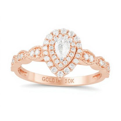 0,38 ct. Gesamtgewicht Verlobungsring mit weißen Diamanten im Tropfen- und Rundschliff und Halo in 10K Roségold