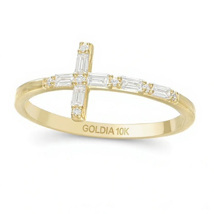 0.17 ct. Gesamtgewicht Diamant-Cross-Ring mit Baguette- und rundem Schliff in 10K Gelbgold