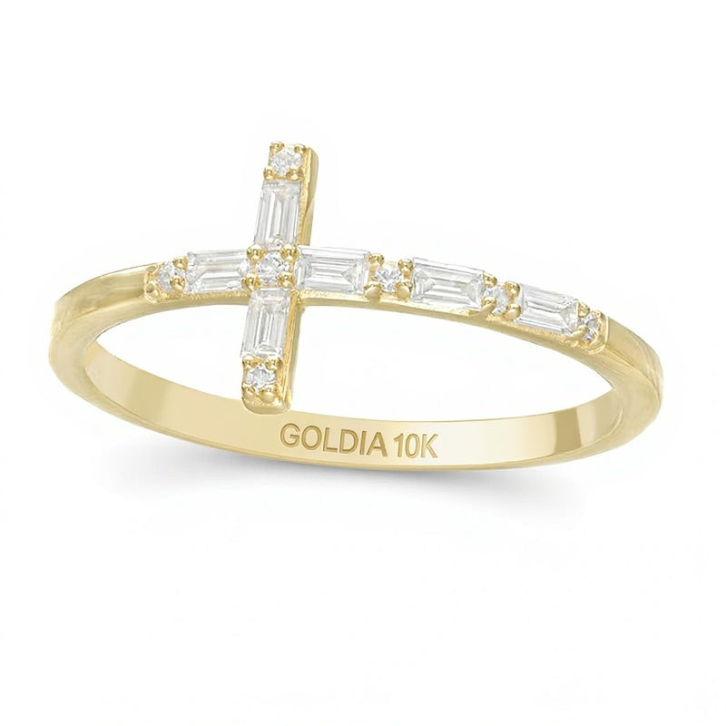 0.17 ct. Gesamtgewicht Diamant-Cross-Ring mit Baguette- und rundem Schliff in 10K Gelbgold