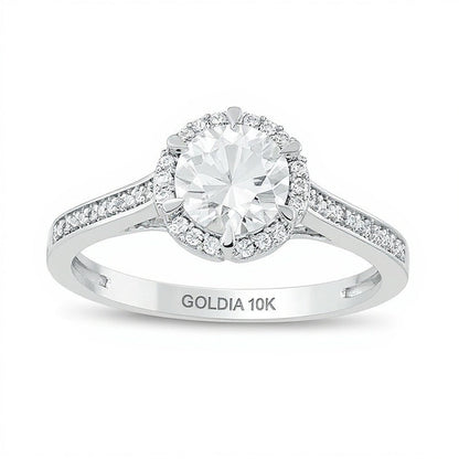 6,0mm Labor-Saphir weiß und 0,1 ct. Gesamtgewicht Diamant Halo Verlobungsring in 10K Weißgold