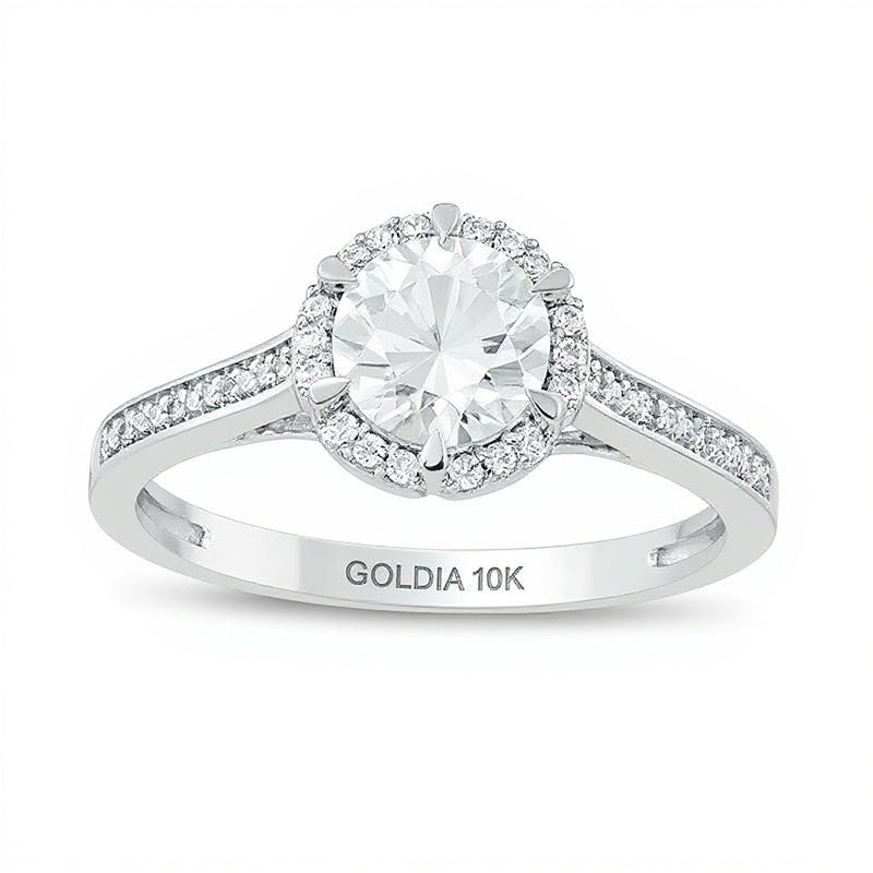 6,0mm Labor-Saphir weiß und 0,1 ct. Gesamtgewicht Diamant Halo Verlobungsring in 10K Weißgold