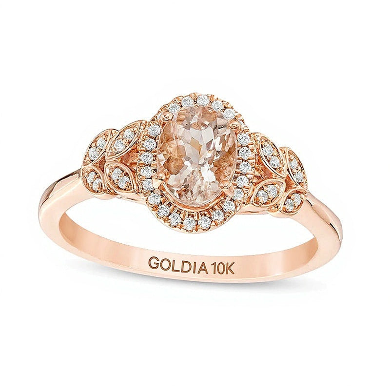 Verlobungsring mit ovalem Morganit und 0,1 ct. Gesamtgewicht Diamanten im Halo mit blattförmigen Seiten in 10K Roségold