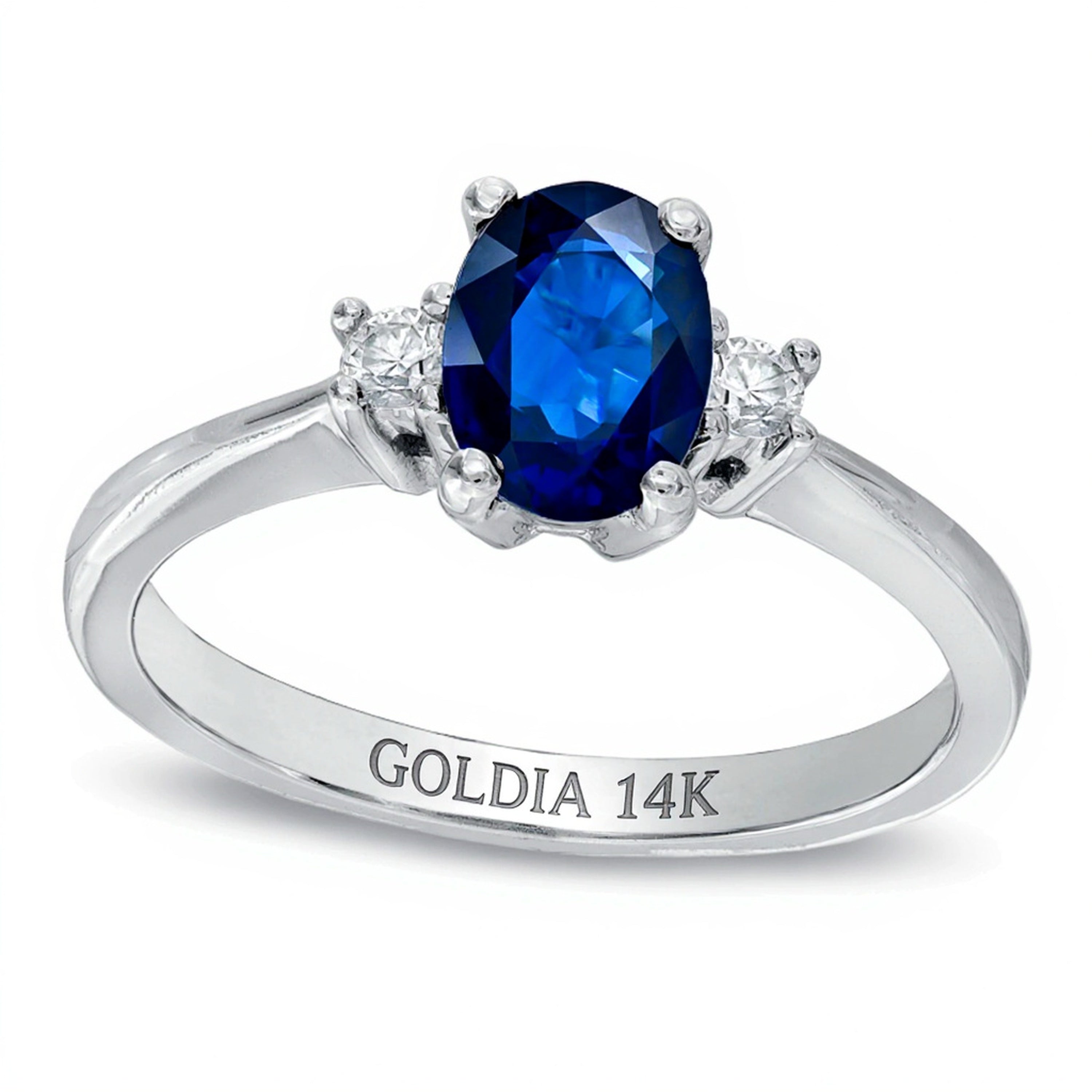 Dreistein-Verlobungsring mit ovalem blauem Saphir und Diamant-Besatz in 14K Weißgold