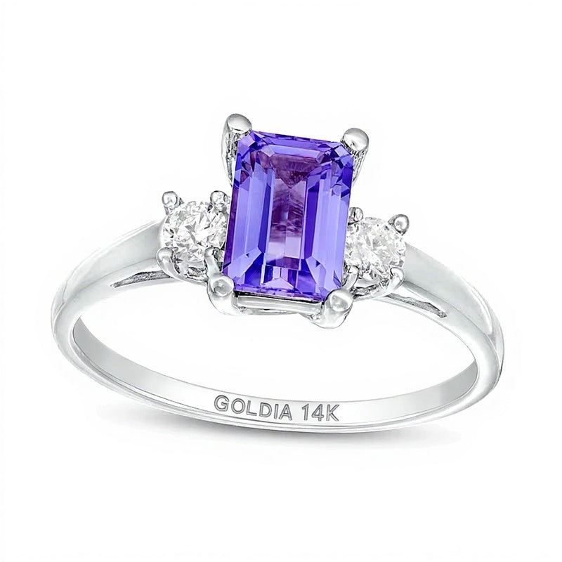 Fashion-Ring mit Tansanit im Smaragdschliff und Diamanten 0,2 ct. Gesamtgewicht in 14K Weißgold
