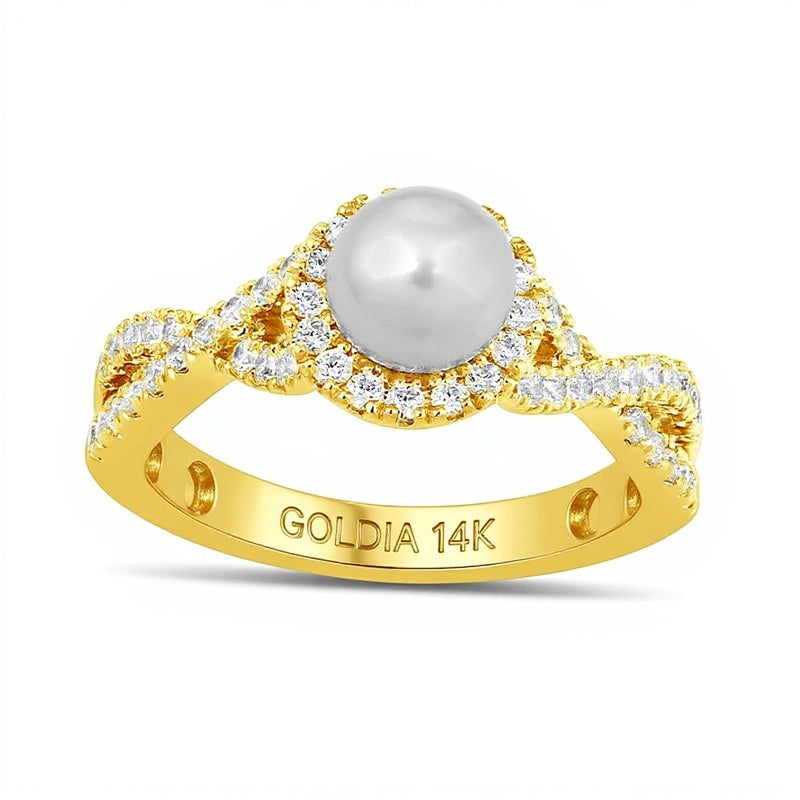 6,0 mm Süßwasser-Zuchtperle und 0,5 ct. Gesamtgewicht Labordiamant Fashion-Ring mit Rahmen und Crossover-Schiene in 14K Gelbgold