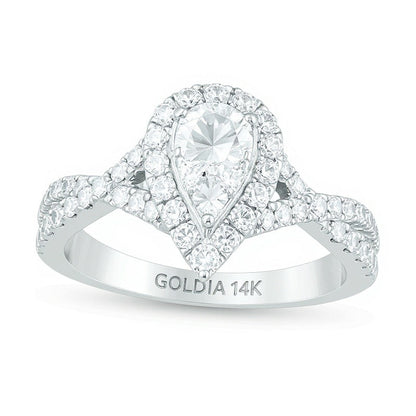 1.25 ct. Gesamtgewicht Komposit-Diamant Verlobungsring tropfenförmig mit Twist-Ring in 14K Weißgold