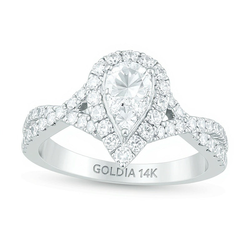 1.25 ct. Gesamtgewicht Komposit-Diamant Verlobungsring tropfenförmig mit Twist-Ring in 14K Weißgold