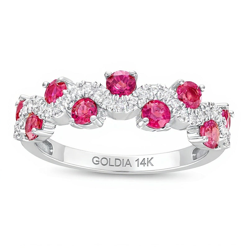 3,0 mm Rubin und 0,17 ct. Gesamtgewicht Diamant Wellen-Ring in 14K Weißgold
