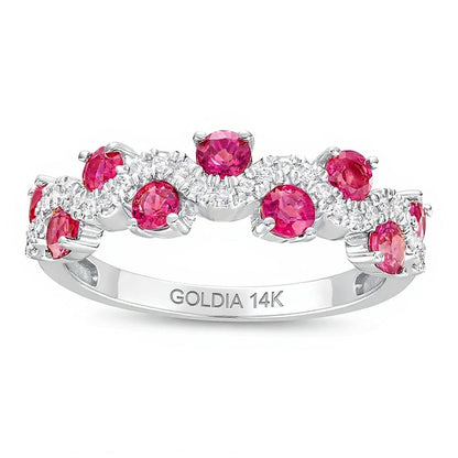 3,0 mm Rubin und 0,17 ct. Gesamtgewicht Diamant Wellen-Ring in 14K Weißgold