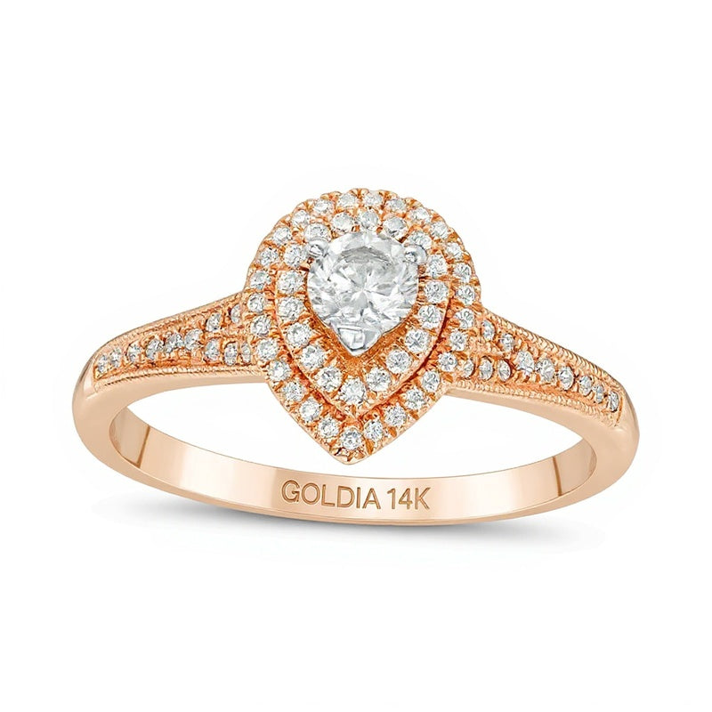 0,5 ct. Gesamtgewicht Diamant Verlobungsring Halo mit rundem und tropfenförmigem Schliff im Vintage-Stil in 14K Roségold für Damen