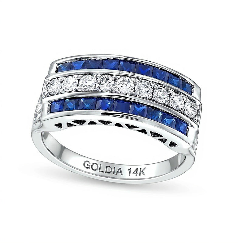 0,33 ct. Gesamtgewicht Diamant- und blauer Saphir-Ring im Princess-Schliff, dreireihig, in 14K Weißgold