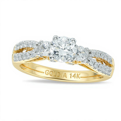 0.63 ct. Gesamtgewicht Diamant Dreistein-Verlobungsring mit geteilter Schiene in 14K Gelbgold