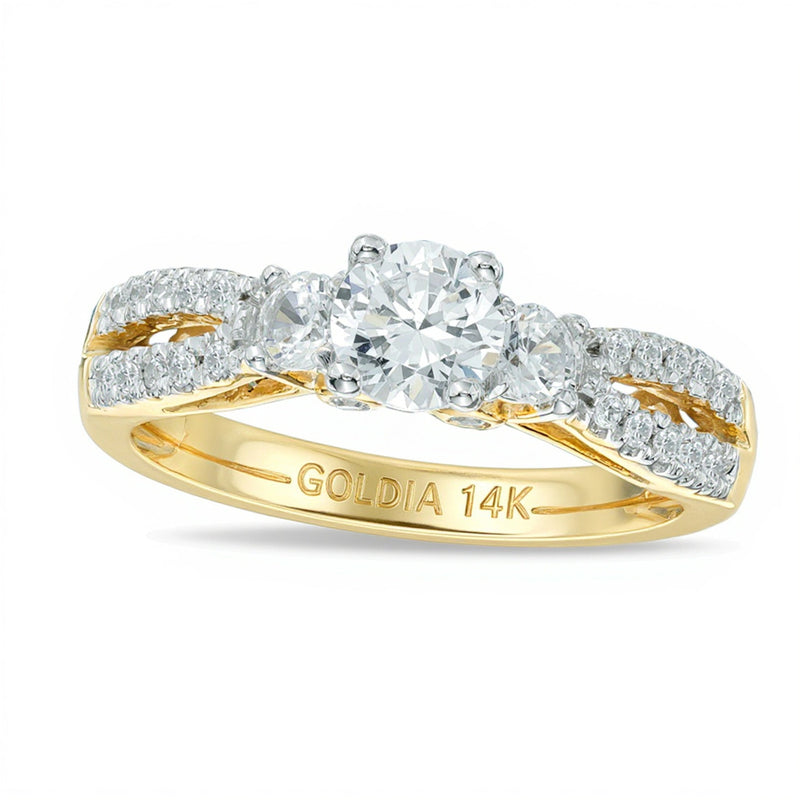 0.63 ct. Gesamtgewicht Diamant Dreistein-Verlobungsring mit geteilter Schiene in 14K Gelbgold