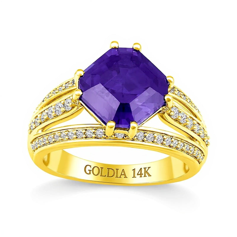 Mehrreihiger Fashion-Ring mit Amethyst im Octagon-Schliff und weißen Saphiren in 14K Weißgold
