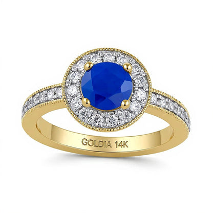 6,0 mm blauer Saphir und Labordiamant 0,38 ct. Gesamtgewicht Halo-Ring im Vintage-Stil in 14K Gelbgold