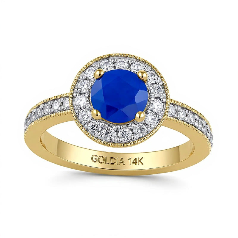 6,0 mm blauer Saphir und Labordiamant 0,38 ct. Gesamtgewicht Halo-Ring im Vintage-Stil in 14K Gelbgold