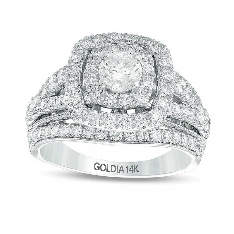 2.0 ct. Gesamtgewicht Diamant Vintage-Verlobungsring mehrreihig mit doppeltem Rahmen in 14K Weißgold