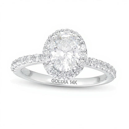 1.5 CT. Gesamtgewicht Verlobungsring mit ovalem Labordiamant und Halo in 14K Weißgold (F/VS2)