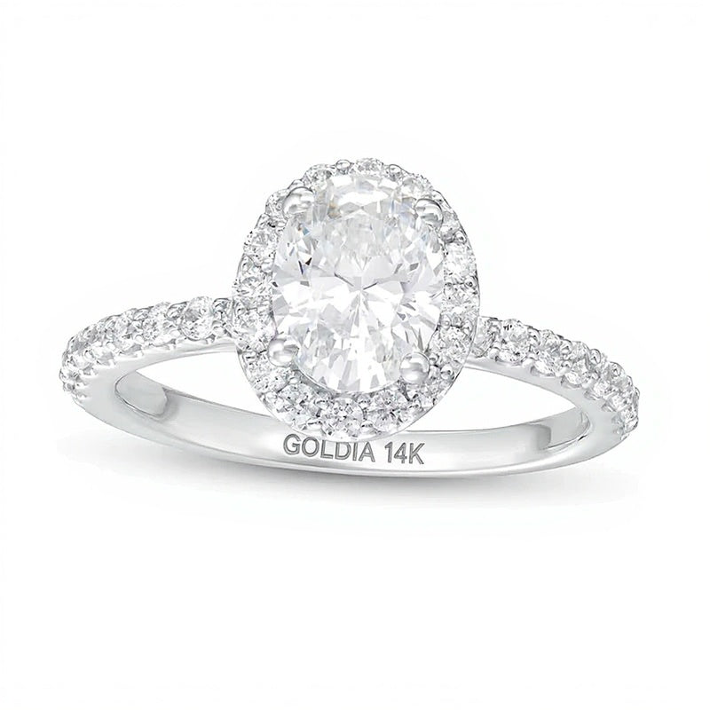 1.5 CT. Gesamtgewicht Verlobungsring mit ovalem Labordiamant und Halo in 14K Weißgold (F/VS2)