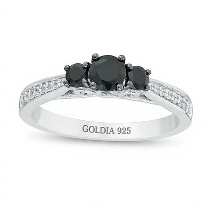 0,5 ct. Gesamtgewicht behandelter schwarzer und weißer Diamant Dreistein-Verlobungsring aus rhodiniertem Sterlingsilber