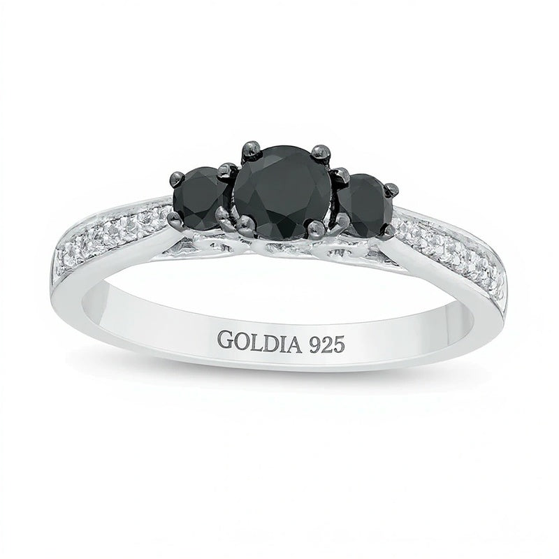 0,5 ct. Gesamtgewicht behandelter schwarzer und weißer Diamant Dreistein-Verlobungsring aus rhodiniertem Sterlingsilber
