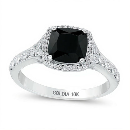 Ring mit schwarzem Saphir im Kissenschliff 7,0 mm und Diamanten 0,1 ct. Gesamtgewicht im Halo, 10K Weißgold